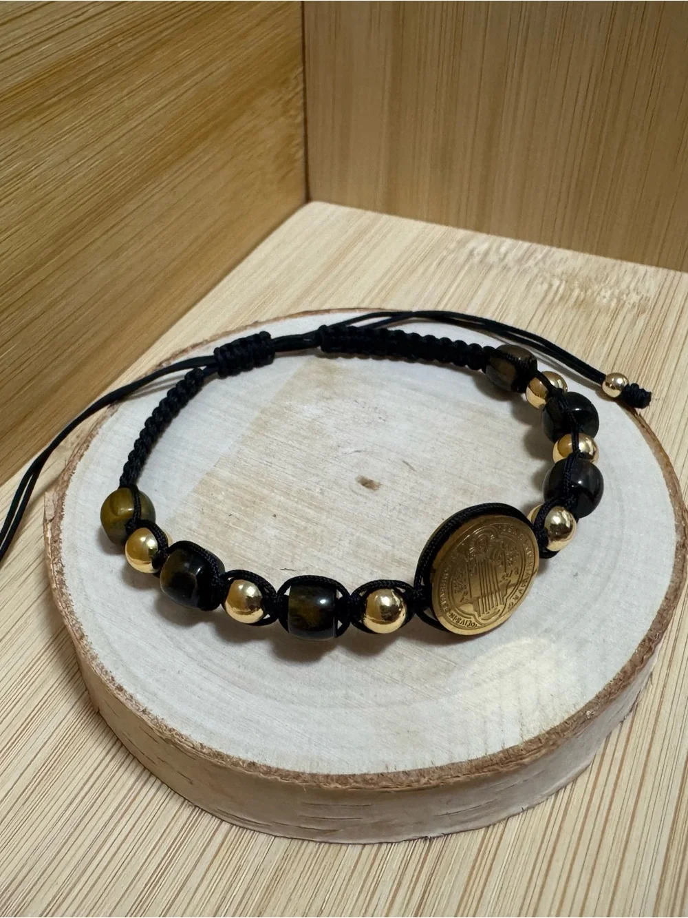 Tiger’s Eye, 14K gold-plated beads, and a Saint Benedict Stainless Steel Medal